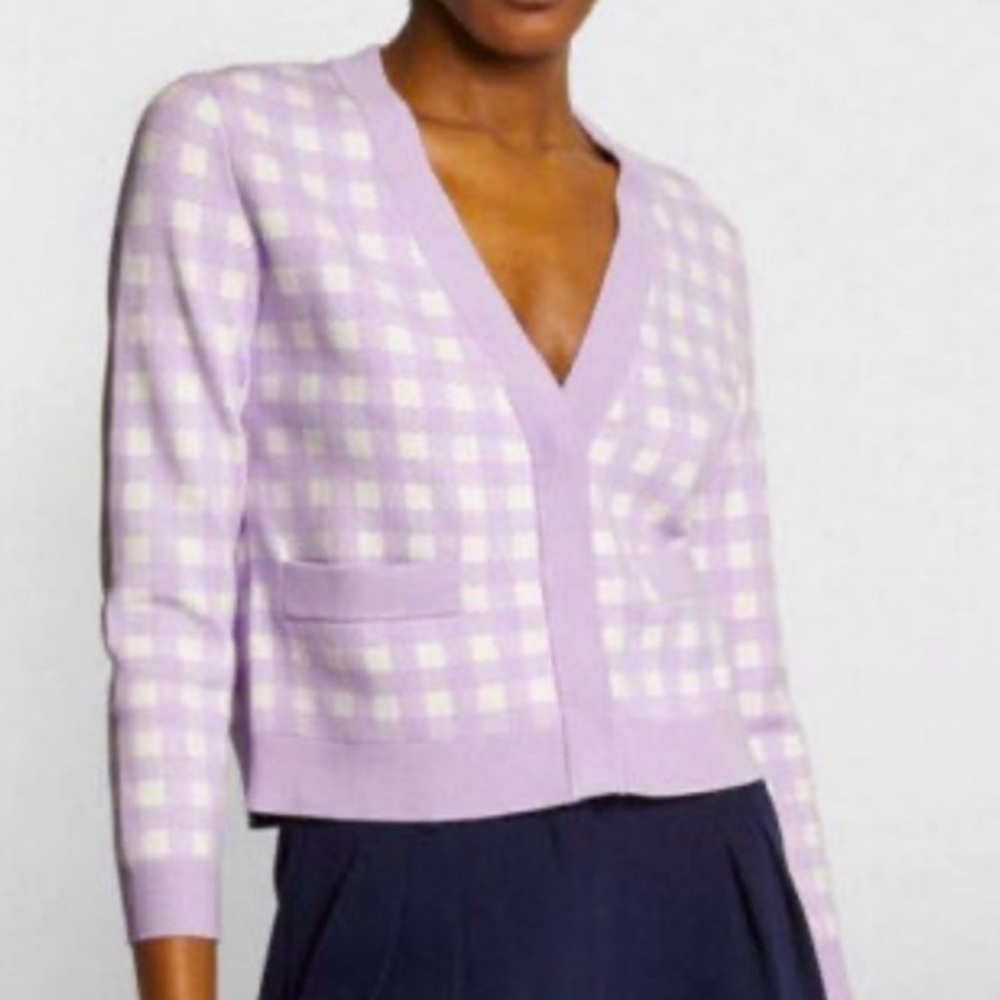Maje Mystyle Cropped Lavender Checkered Cardigan Sweater - 3